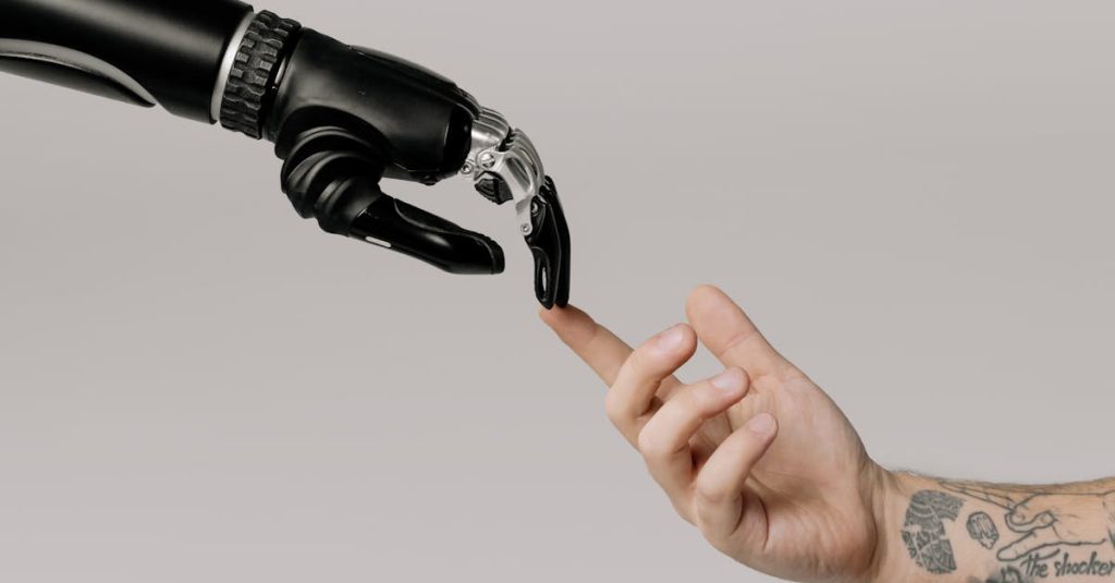pexels-photo-6153354-6153354 A human hand with tattoos reaching out to a robotic hand on a white background.